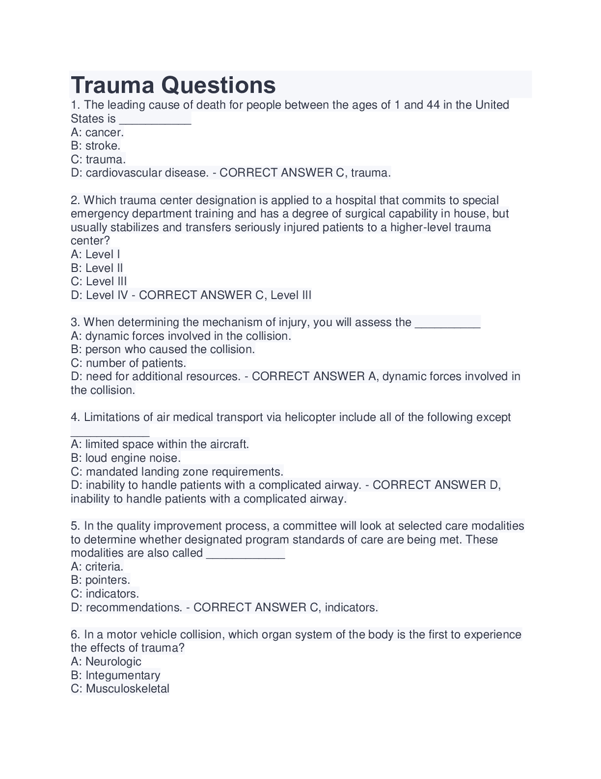 Trauma Questions Browsegrades